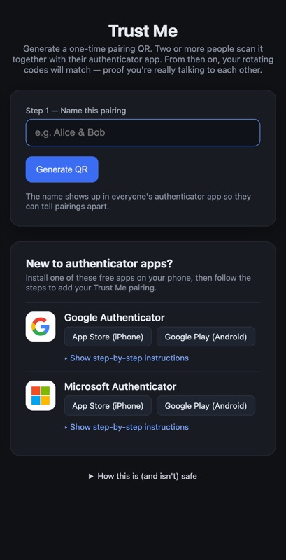 Trust Me start screen with name input