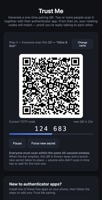 Trust Me showing QR code and current rotating code