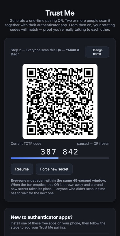 Trust Me with QR paused for slower scanners